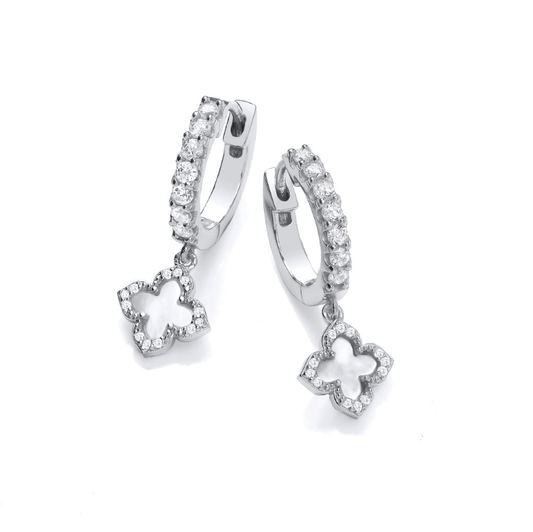 White Mother of Pearl Vintage Lucky Clover Huggie Earrings in Silver Earrings Cavendish French