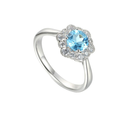 Silver Blue Topaz CZ floral cluster ring Ring Amore   