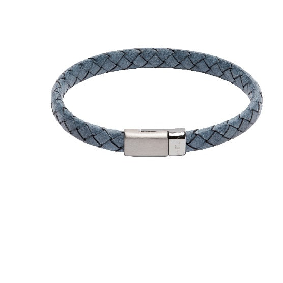 Antique blue leather plaited bracelet with steel overlap Bracelet Unique   