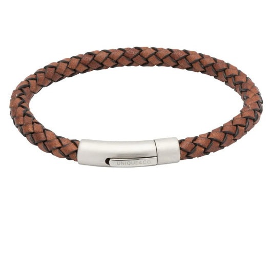 Antique brown leather plaited bracelet with matt steel clasp Bracelet Unique   