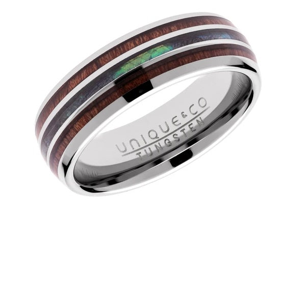 Tungsten carbide ring with wood and shell inlay size W Ring Unique   