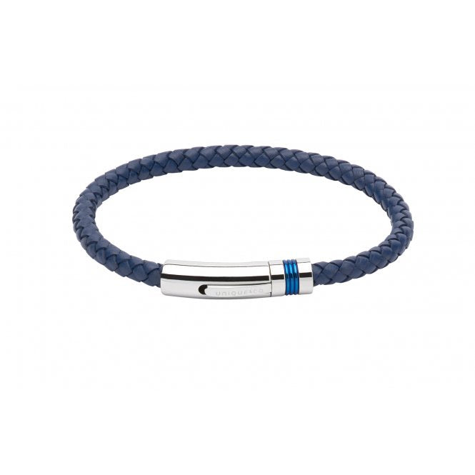 Blue leather plaited bracelet with steel and blue clasp Bracelet Unique   