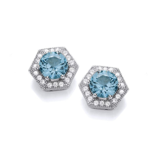 Silver Aqua Hexagonal Halo  Earrings Earrings Cavendish French   
