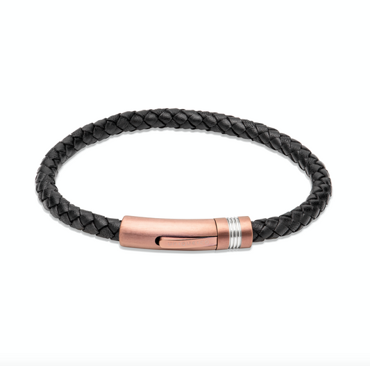 Black leather bracelet with rose colour clasp Bracelet Unique   