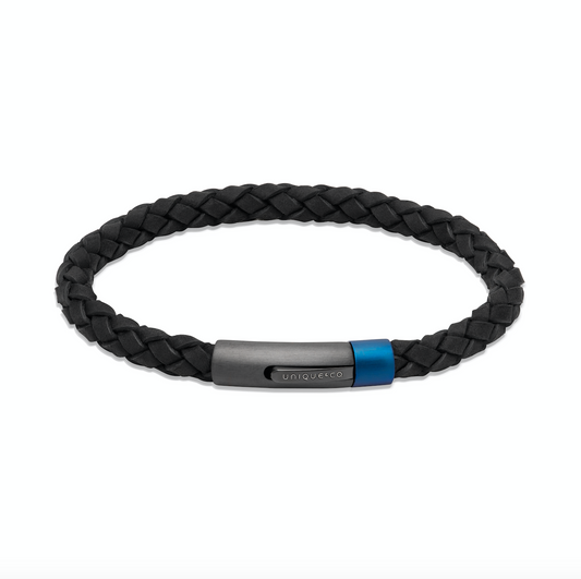Black leather bracelet with blue/gun metal clasp Bracelet Unique   