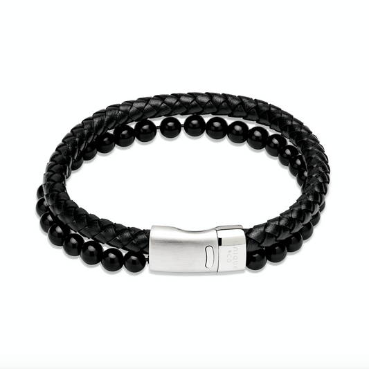 Black leather & Onyx Double bracelet Bracelet Unique   
