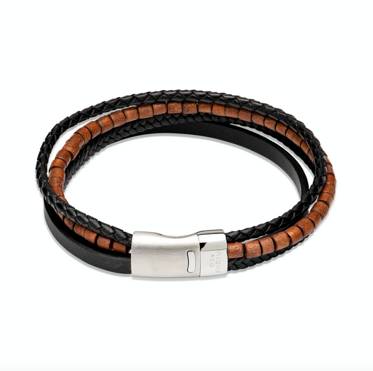 Black leather & wooden bead bracelet Bracelet Unique   