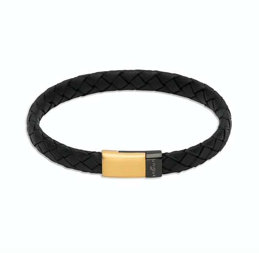 Black domed leather bracelet with yellow/black clasp Bracelet Unique   