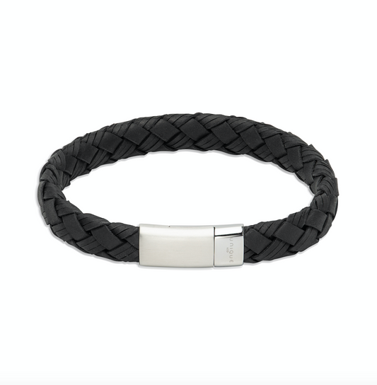 Black entwined leather bracelet with steel clasp Bracelet Unique   