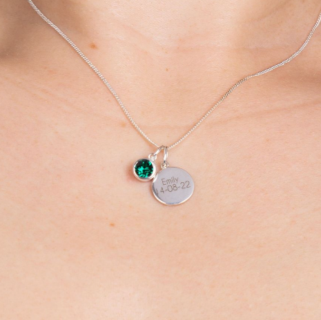 Silver Crystal Birthstone Necklace With Engravable Disc - Select Month Pendant Rock Lobster Jewellery   