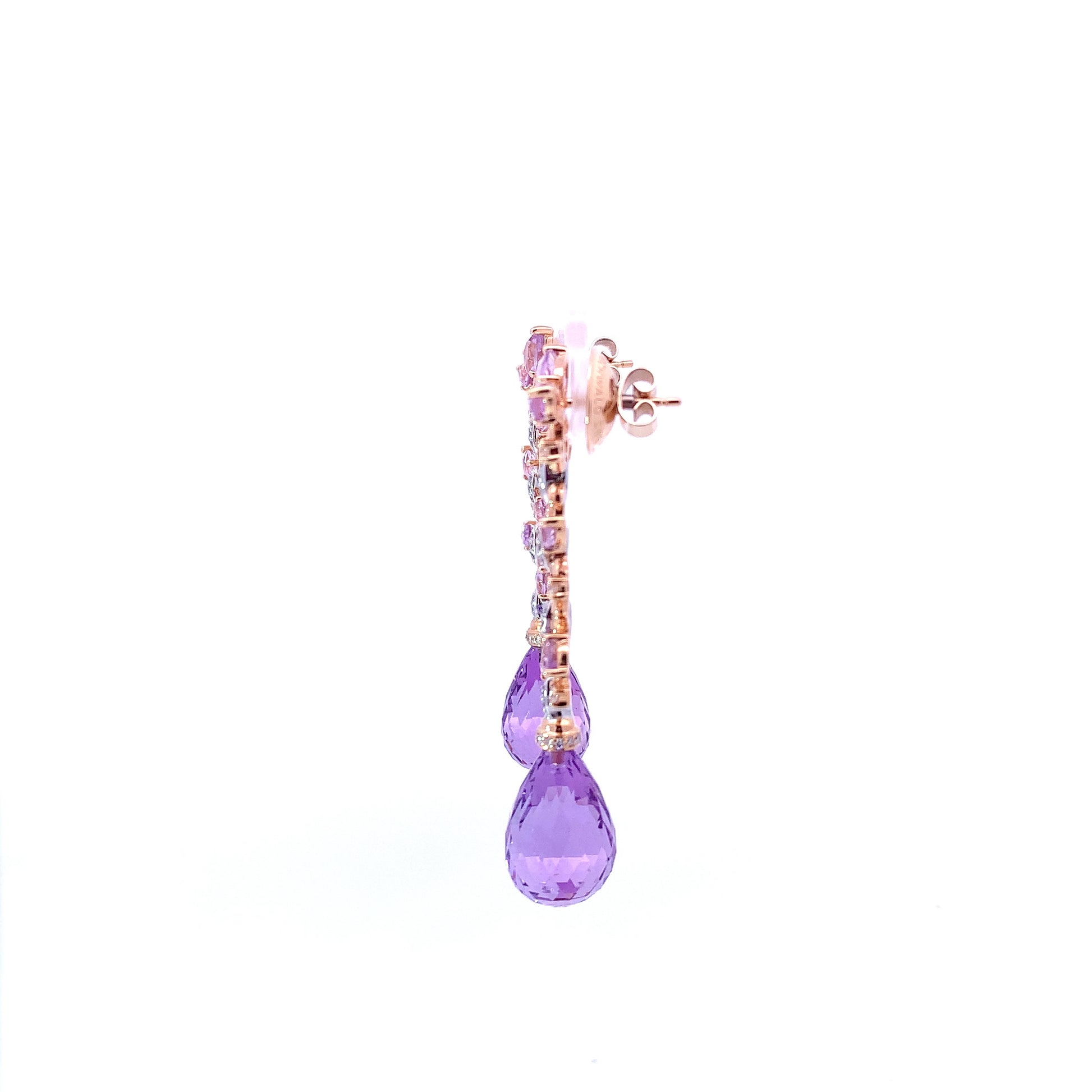 Buchwald 18ct rose gold amethyst briollette and diamond floral drop earrings Earrings Buchwald   