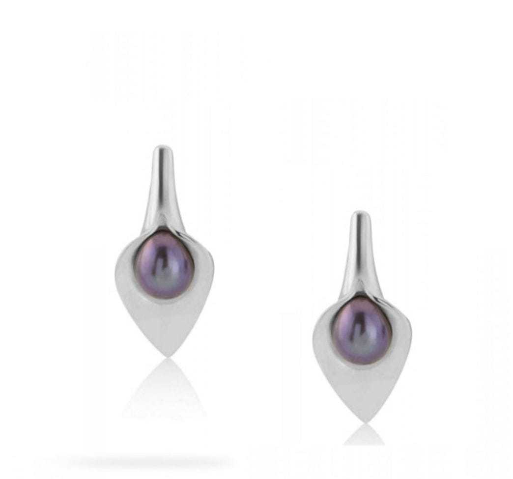 Amanda Cox Silver peacock black pearl calla lily stud earrings Earrings Amanda Cox