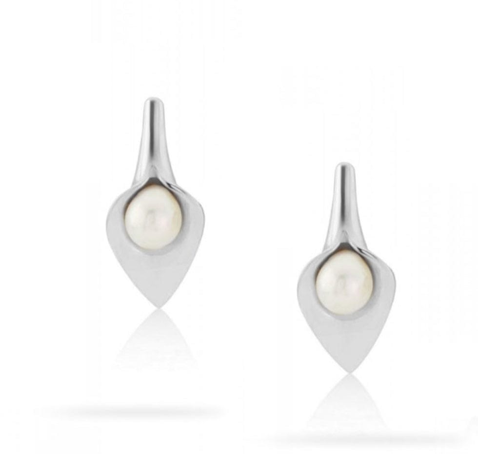 Amanda Cox Silver small white pearl calla lily stud earrings Earrings Amanda Cox