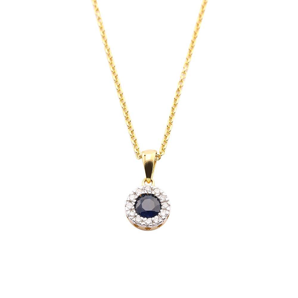 9ct yellow gold sapphire and diamond halo necklace Pendant Amore   