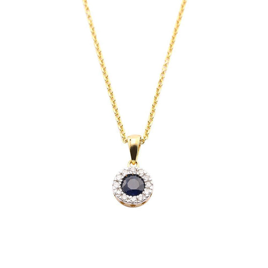 9ct yellow gold sapphire and diamond halo necklace Pendant Amore   