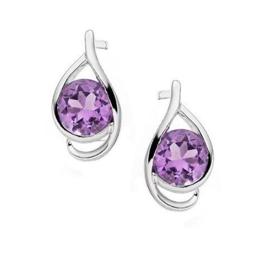 Silver and Amethyst teardrop stud earring with swirl surround Earrings Amore   