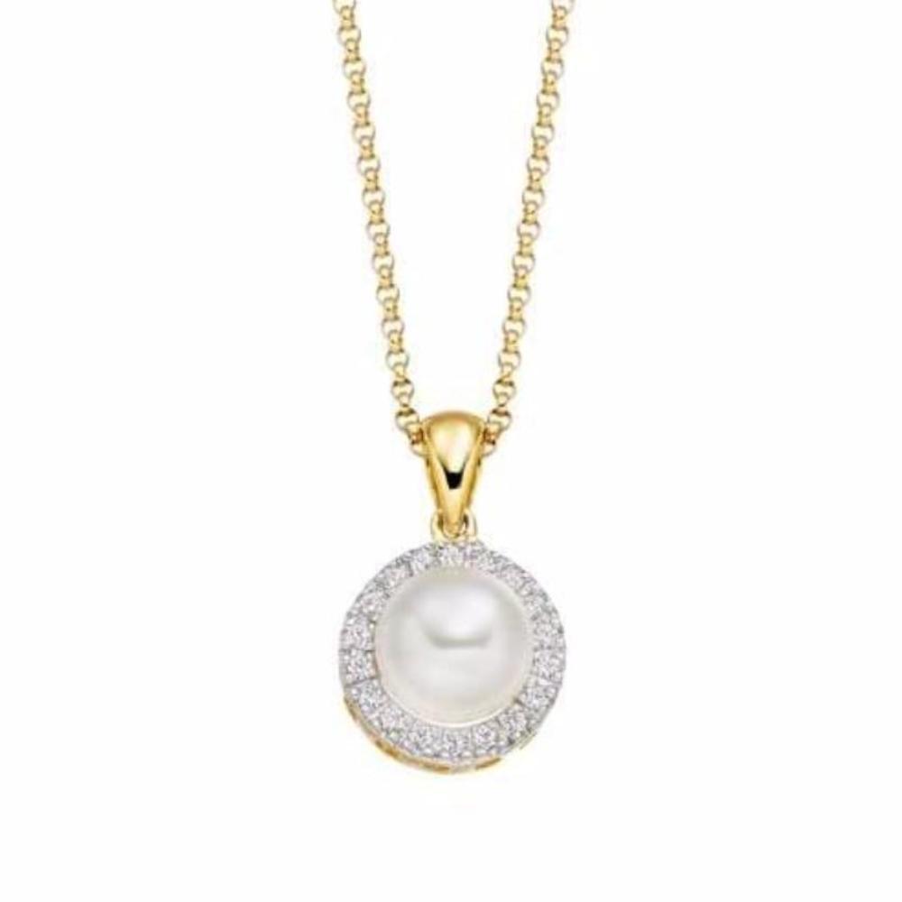 9ct yellow gold pearl and diamond cluster pendant Neckwear Amore   