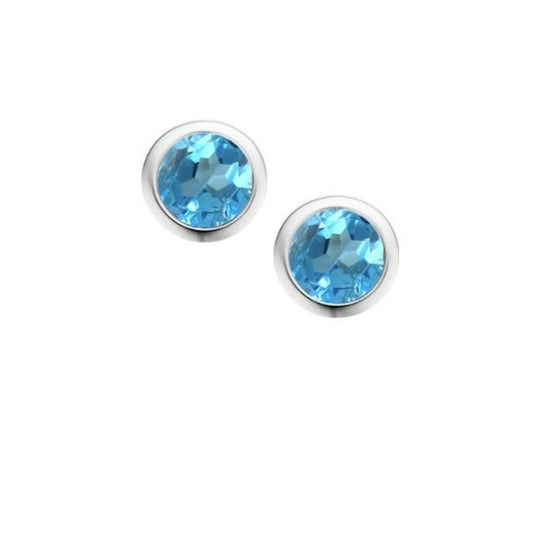 Silver and Blue Topaz 4mm round stud earrings in rubover setting Earrings Amore   