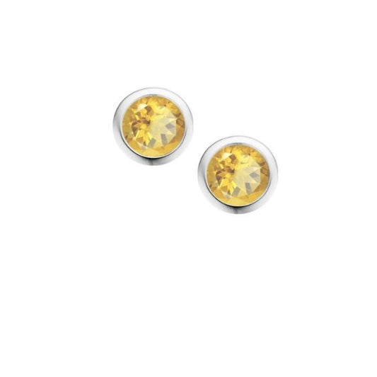 Silver and Citrine 4mm round stud earrings in rubover setting Earrings Amore   