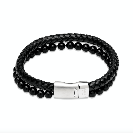 Black leather & Onyx Double bracelet Bracelet Unique