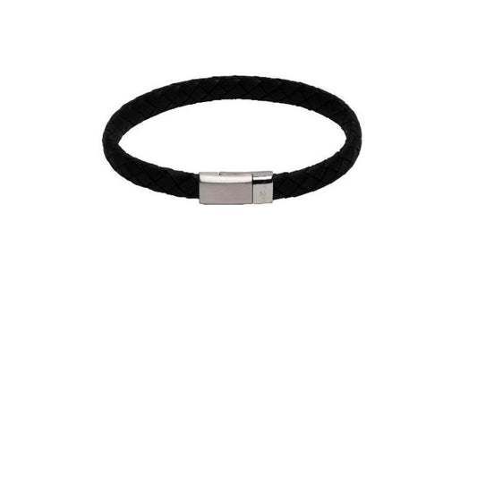Black leather plaited bracelet with steel overlap clasp Bracelet Unique   