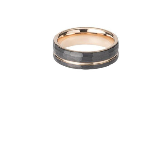 Black plated tungsten carbide hammered ring with rose gold size X Ring Unique   