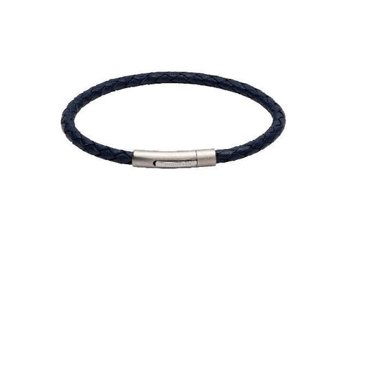 Blue Leather plaited slim bracelet with matt steel clasp Bracelet Unique   