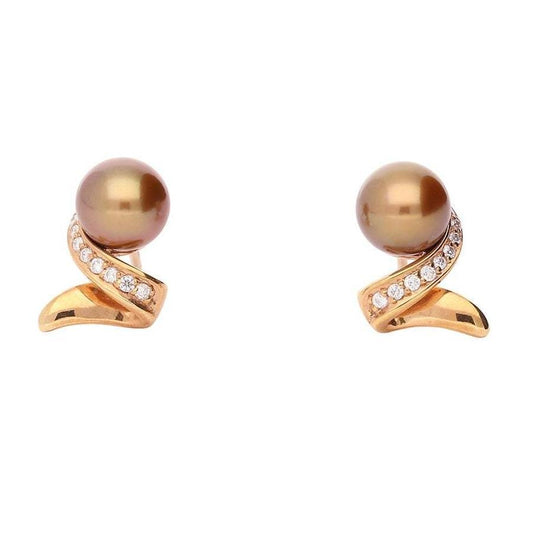 14ct Rose gold brown pearl and twist diamond earrings Earrings Breuning   