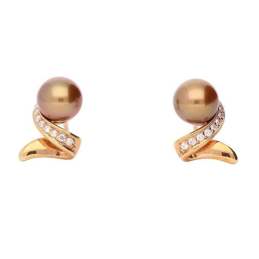 14ct Rose gold & chocolate pearl earrings with a twist of diamonds Earrings Breuning   