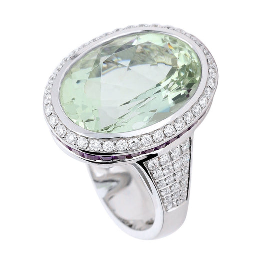 18ct White gold 14.32ct Green Beryl ring surrounded by amethyst and diamonds Ring Buchwald   