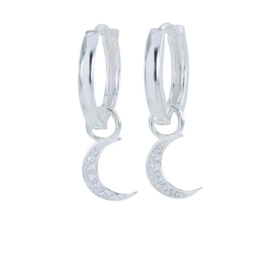 Silver cubic zirconia crescent moon hoop earrings Earrings Reeves & Reeves   