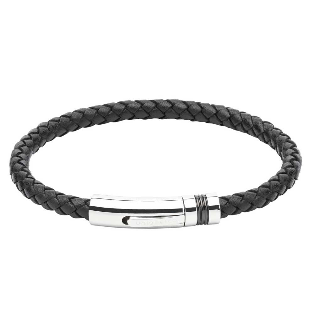 Black leather plaited bracelet with steel and black clasp Bracelet Unique   