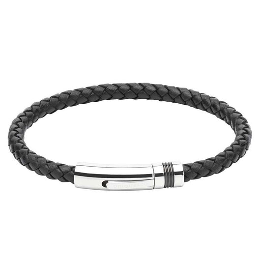 Black leather plaited bracelet with steel and black clasp Bracelet Unique   