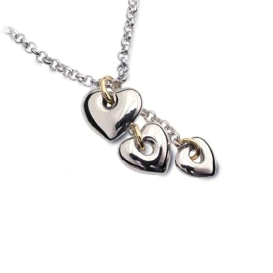 Silver & 9ct gold triple heart cascade pendant Necklace Church House   