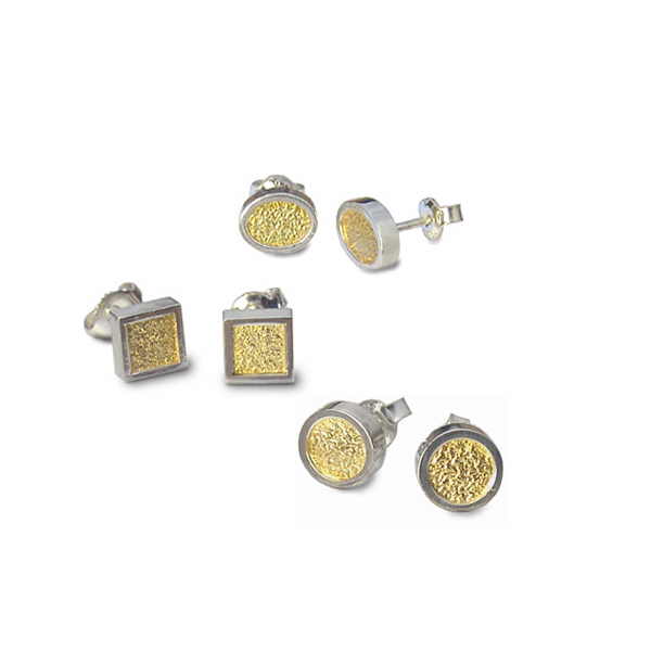 Silver crunkle studs earrings with gold inlay Earrings Church House   