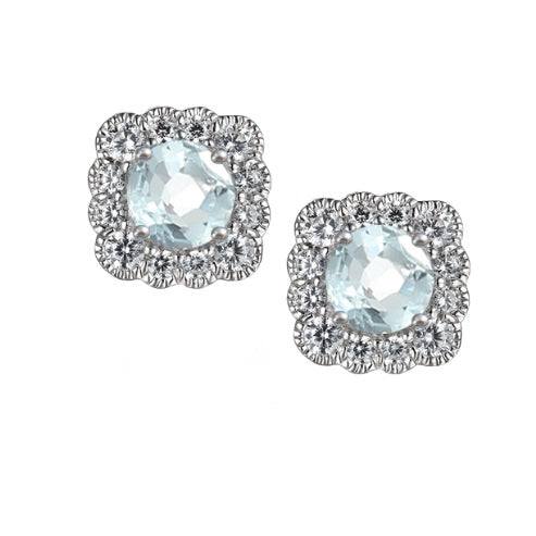 Silver Aquamarine and CZ square cluster stud earrings Earrings Amore   