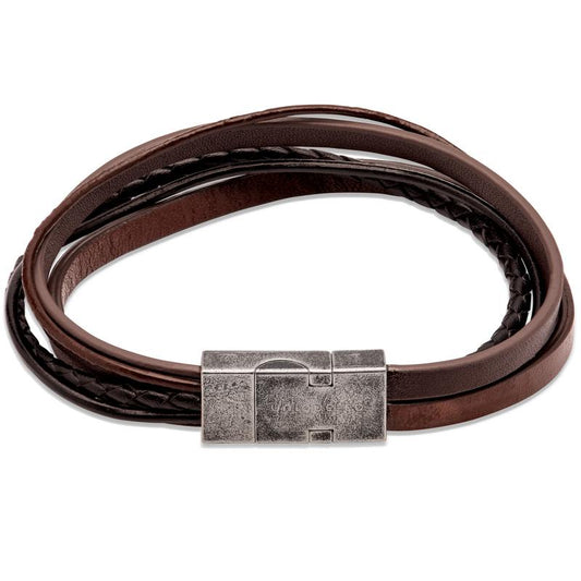 Brown/Black four strand leather bracelet steel clasp Bracelet Unique   