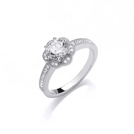 Silver Flower Halo ring with Cubic Zirconia Ring Cavendish French   