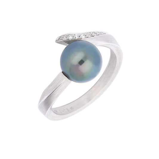 18ct white gold tahitian pearl diamond curl ring size M 1/2 Ring Gellner   