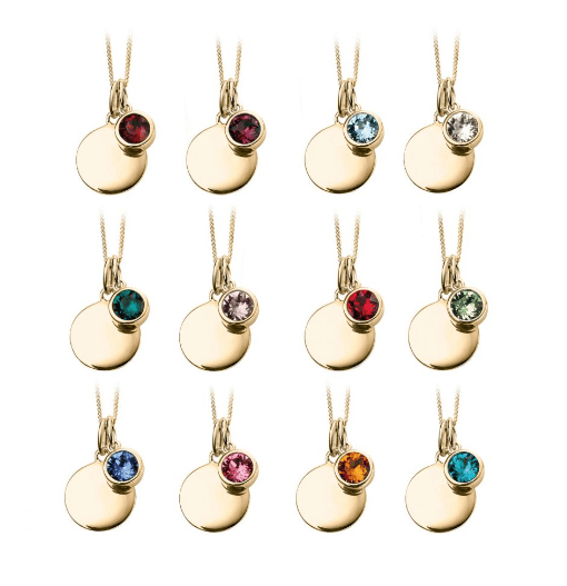 Gold Plated Crystal Birthstone Necklace With Engravable Disc - Select Month Pendant Gecko