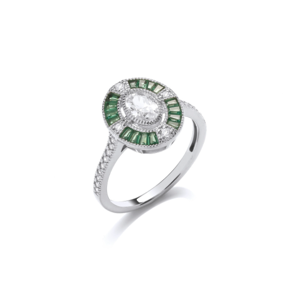 Silver Grand Deco Ring with Emerald Cubic Zirconia Ring Cavendish French   