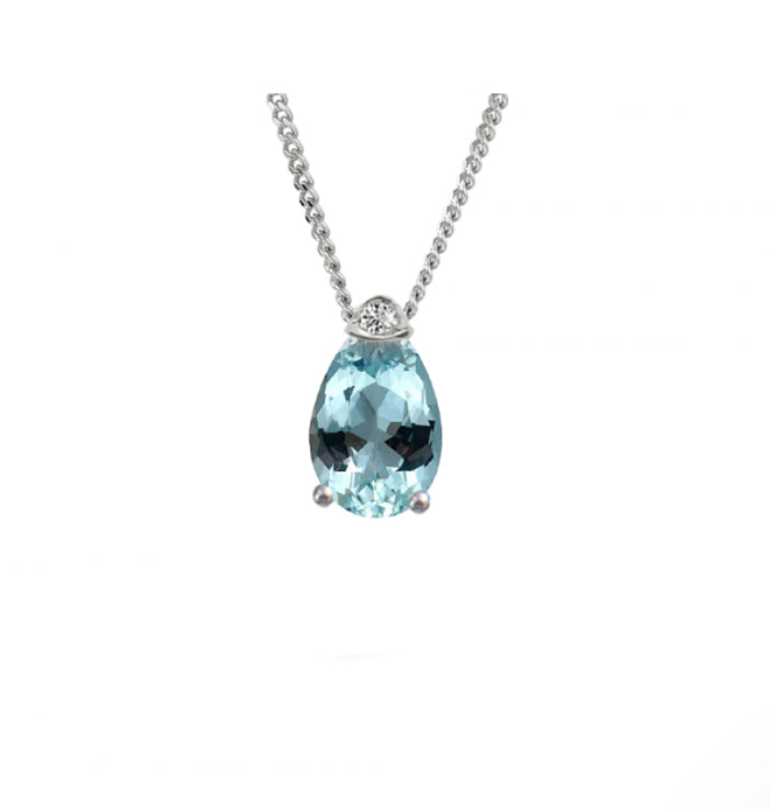 9ct white gold Aqua and diamond teardrop necklace Pendant Amore   