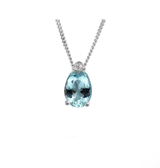 9ct white gold Aqua and diamond teardrop necklace Pendant Amore   