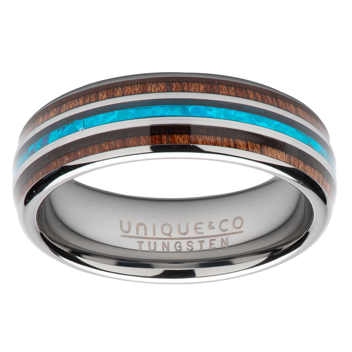 Mens Tungsten Wood & Blue Opal Inlay Ring size U Ring Unique