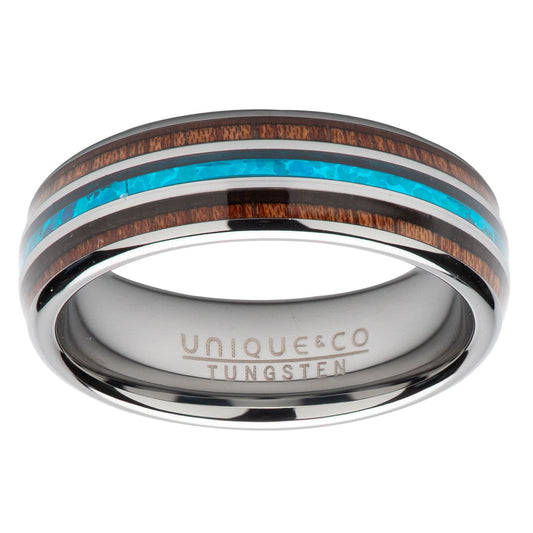 Mens Tungsten Wood & Blue Opal Inlay Ring size U Ring Unique