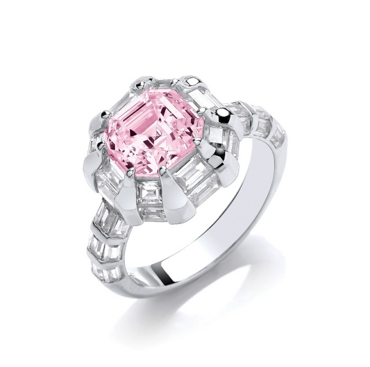 Silver Art de Deco Ring with Pink Diamond Cubic Zirconia Ring Cavendish French   