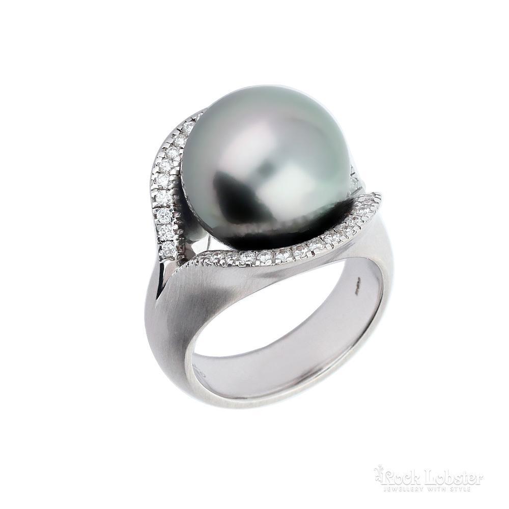 18ct white gold Tahitian pearl diamond elliptical ring Ring Gellner   