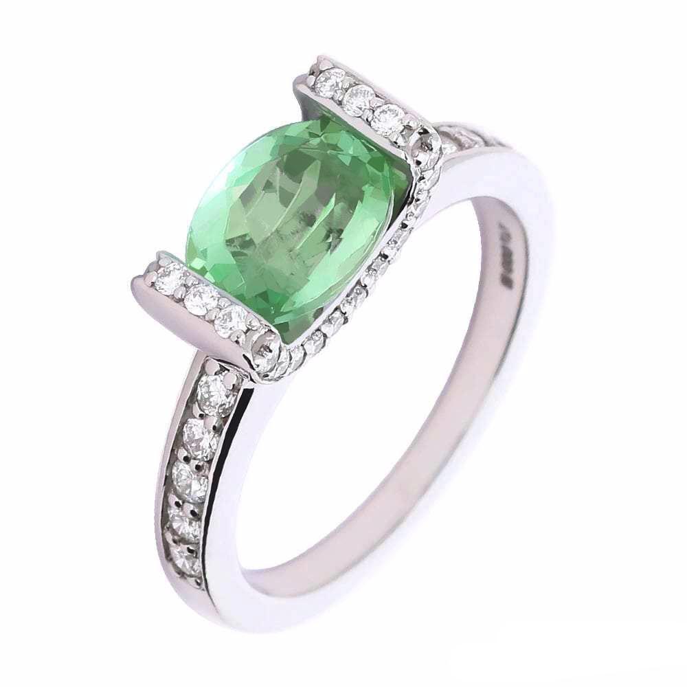 Palladium green oval tourmaline ring with diamond setting and shoulders Ring Rock Lobster   