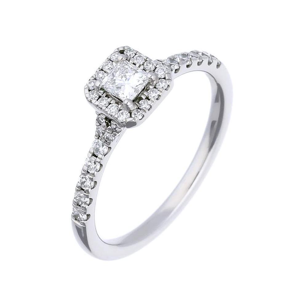 Palladium princess cut 0.25ct certified diamond halo ring with slightly split diamond shoulders Ring Rock Lobster   