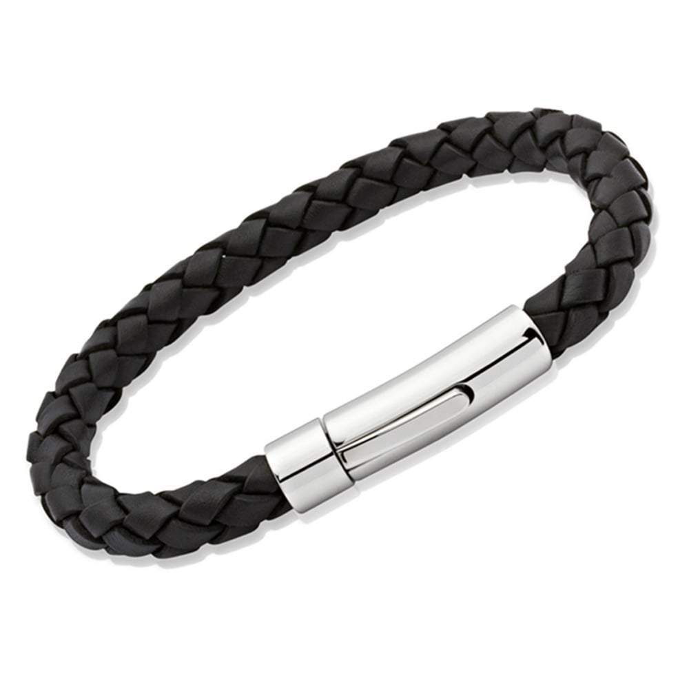 Steel black plaited leather bracelet Bracelet Unique   